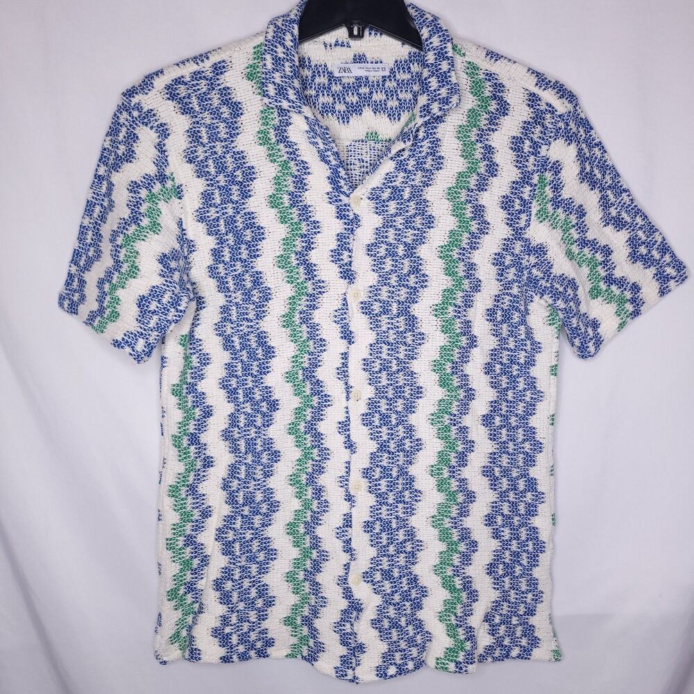 Zara Shirt Mens Medium Crochet Knit Zig Zag Camp